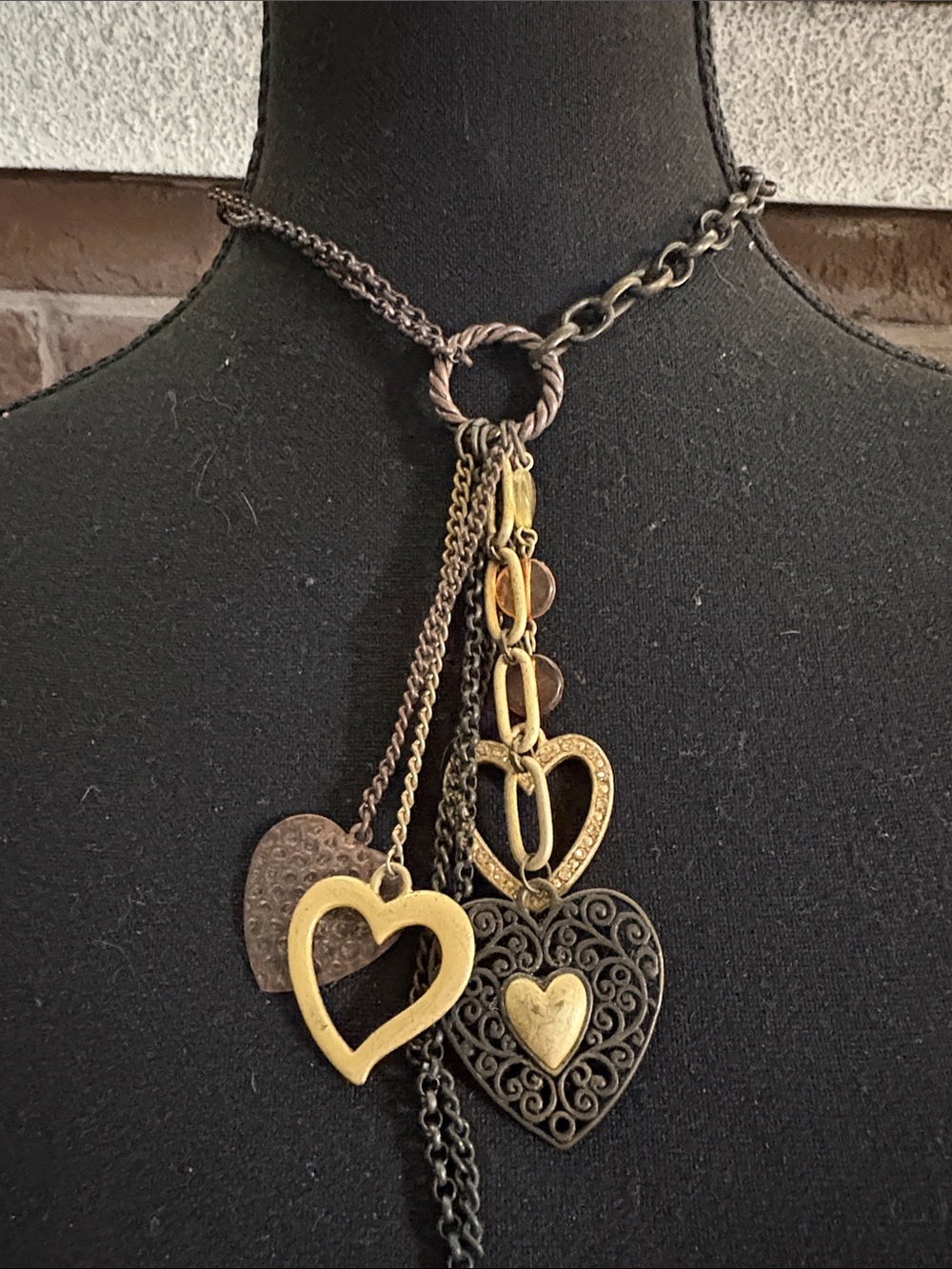 Mixed-Metal Heart Charm Layered Necklace - Gold & Black